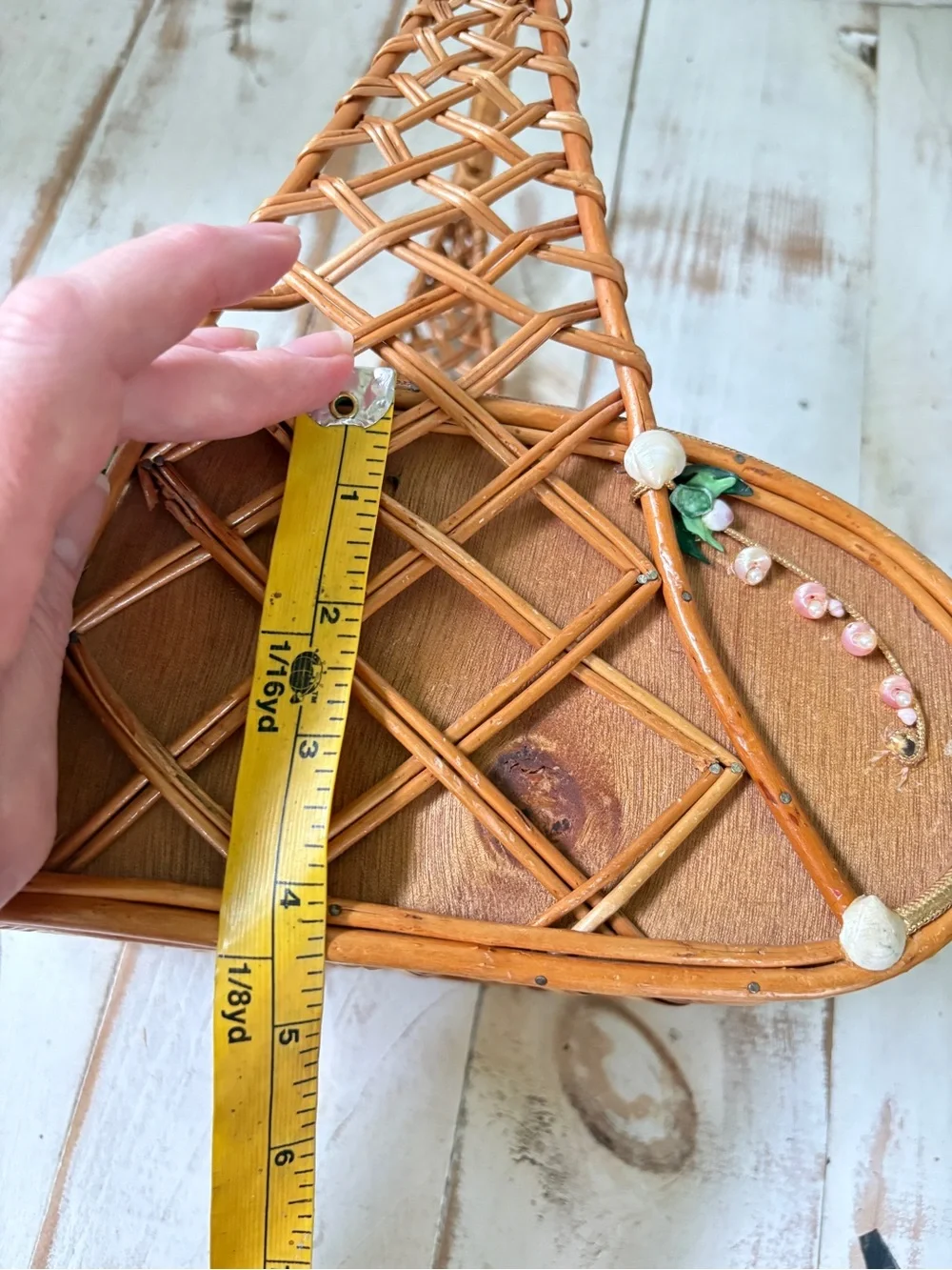 1950s wicker picnic basket purse floral seashells cottage coastal chic rare bag
